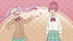  2girl 2girls :d animated animated kasugano_urara_(sabagebu!) multiple_girls open_mouth pink_hair punch punching sabagebu! skirt smile sonokawa_momoka 