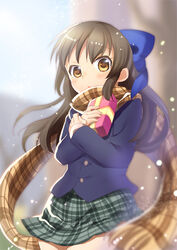  black_hair blazer blush bow box brown_eyes commentary_request female gift gift_box hairbow half_updo idolmaster idolmaster_cinderella_girls jacket long_hair looking_at_viewer open_mouth photoshop_(medium) plaid plaid_scarf scarf school_uniform skirt solo suzune_kotora tachibana_arisu valentine 