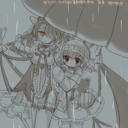  2girls butter_run commentary_request garter_straps lady_proud mahou_shoujo_ikusei_keikaku mahou_shoujo_ikusei_keikaku_jokers monochrome multiple_girls rain red_eyes slit_pupils umbrain umbrella yellow_eyes 