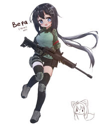  absurdres animal_ears bike_shorts black_hair black_legwear black_shorts blue_eyes blue_shirt blush borrowed_character breasts brown_gloves chibi chibi_inset commentary female gloves green_jacket grey_footwear gun hair_between_eyes hair_ornament hairclip head_tilt highres holding holding_gun holding_weapon jacket knee_pads korean_text long_hair medium_breasts military military_jacket oerba_yun_fang open_mouth original russian_commentary russian_text saiga-12 shirt shoes shorts shotgun sidelocks simple_background smersh solo_focus standing standing_on_one_leg tail tandohark thighhighs translated trigger_discipline vera_(tandohark) very_long_hair weapon white_background wolf_ears wolf_girl wolf_tail 