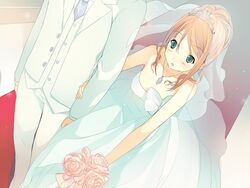  akinashi_yuu bare_shoulders blonde_hair blush bouquet breasts bridal_veil bride dress female flower formal game_cg green_eyes highres jewelry koi_to_senkyo_to_chocolate necklace necktie open_mouth red_carpet short_hair standing suit sumiyoshi_chisato veil wedding_dress 