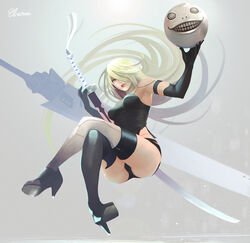  a2_(nier:automata) absurdly_long_hair android armlet artist_name ass bare_shoulders black_footwear black_gloves black_shorts black_thighhighs blonde_hair blue_eyes breasts commentary_request crossed_legs elbow_gloves elrowa emil_(nier) female floating_hair full_body gloves hair_over_one_eye hands_up high_heels highres holding huge_weapon joints knee_pads legs_together lips lipstick long_hair looking_at_viewer makeup medium_breasts mole mole_under_mouth nier:automata nier_(series) nose parted_lips pink_lips robot robot_joints science_fiction shoes short_shorts shorts sitting sleeveless solo sword tank_top tassel teeth thighhighs thighs very_long_hair weapon weapon_on_back 