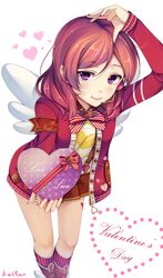  armband bad_id bad_pixiv_id bow box cardigan commentary_request female hair_ornament hairbow headset heart heart-shaped_box heart_hair_ornament highres kalian kneehighs long_sleeves looking_at_viewer love_live! love_live!_school_idol_project nishikino_maki open_cardigan open_clothes open_mouth outstretched_arm pleated_skirt purple_eyes reaching reaching_towards_viewer red_eyes red_hair short_hair skirt socks solo striped_clothes striped_socks thighhighs twintails valentine wings 