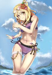  ajapar bikini black_bikini blonde_hair blue_sky bracelet braid cloud commentary_request crown_braid cup day disposable_cup drinking_straw eyewear_on_head feet_out_of_frame female flower hair_flower hair_ornament heart heart-shaped_eyewear highres jewelry love_live! love_live!_sunshine!! ohara_mari outdoors purple_bikini side-tie_bikini_bottom sky solo standing sunglasses swimsuit thigh_gap wading water yellow_eyes 