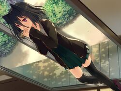  akinashi_yuu black_hair black_legwear candy door female game_cg harmonica highres instrument koi_to_senkyo_to_chocolate legs looking_away morishita_michiru pink_eyes school_uniform serious shadow short_hair solo standing thighs 