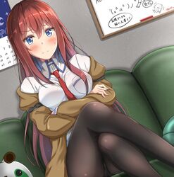  black_pantyhose blue_eyes blush breasts calendar_(object) closed_mouth collared_shirt commentary couch crossed_arms crossed_legs dutch_angle female jacket long_hair long_sleeves makise_kurisu medium_breasts metal_upa necktie off_shoulder pantyhose pantyhose_under_shorts red_hair red_necktie shirt shorts sitting solo steins;gate straight_hair sunsun2812 sweatdrop translated whiteboard 