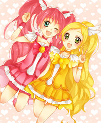  2girls blonde_hair blue_eyes cure_happy cure_happy_(cosplay) cure_melody cure_peace cure_peace_(cosplay) cure_rhythm green_eyes houjou_hibiki minamino_kanade multiple_girls pink_hair precure ribbon smile_precure suite_precure 