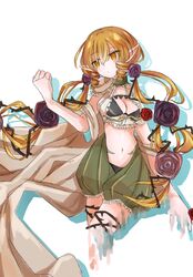  blonde_hair breasts butter_run character_request cleavage clenched_hand commentary_request elf female flower mahou_shoujo_ikusei_keikaku mahou_shoujo_ikusei_keikaku_restart midriff navel pointy_ears rose small_breasts solo twintails yellow_eyes 