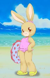  :3 anthro beach beady_eyes blush brown_body brown_fur camel_toe clothing detailed_background female footwear fur happy inflatable inner_tube lagomorph leporid looking_at_viewer mammal maple_town navel outside patty_(maple_town) pool_toy rabbit sand sandals sea seaside sky smile solo standing swimwear water woory yamashita_uri young young_anthro 