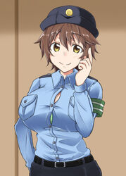  bra breasts brown_eyes brown_hair bursting_breasts button_gap cleavage commentary_request female green_bra hat huge_breasts idolmaster idolmaster_cinderella_girls looking_at_viewer oikawa_shizuku painttool_sai_(medium) police police_uniform policewoman short_hair smile solo underwear uniform zanku 