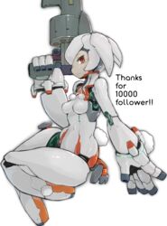  blush breasts commentary_request female from_side gun gunslinger_stratos highres holding holding_gun holding_weapon looking_at_viewer milestone_celebration no_feet profile red_eyes robot short_hair simple_background small_breasts smile solo weapon white_background xi-988 yeti_(mu_kaiten) 