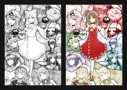  6+girls animal_ears bad_id bad_pixiv_id bow brown_eyes brown_hair detached_sleeves hair_ornament hair_tubes hairbow hakurei_reimu hat hijiri_byakuren houraisan_kaguya long_hair looking_at_viewer looking_back monochrome multiple_girls pasu reiuji_utsuho remilia_scarlet saigyouji_yuyuko sarashi shiki_eiki short_hair skirt smile thighhighs touhou toyosatomimi_no_miko yagokoro_eirin yasaka_kanako yin_yang 