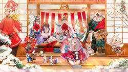  4boys 4girls :d animal animal_head armor banner bare_shoulders barefoot basket black_hair blunt_bangs branch breasts calligraphy_brush canine cat_mask chinese_commentary cleavage closed_eyes closed_mouth clothed_animal commentary_request copyright_name creature daruma_doll enma_(onmyoji) fingernails grey_hair hahakigami_(onmyoji) hangan_(onmyoji) helmet highres holding inugami_(onmyoji) japanese_armor jumping kabuto_(helmet) kamaitachi_(onmyoji) kurodouji lolicon long_hair long_sleeves looking_at_viewer mask medium_breasts multiple_boys multiple_girls nail_polish off_shoulder oitsukigami onmyoji onmyouji open_mouth paintbrush pale_skin ponytail rabbit red_eyes round_teeth say_hana seiza shiba_inu shirodouji sitting smile snow tassel teeth unworn_mask water white_hair wide-eyed wide_sleeves wiping writing yama_usagi_(onmyoji) 