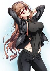  black_leotard breasts brown_hair commentary_request denim earrings female glasses highleg highleg_leotard highres jeans jewelry large_breasts leotard leotard_under_clothes lindoh_flores long_hair looking_at_viewer no_bra original pants red-eyes_macadamiachoco red_eyes solo 