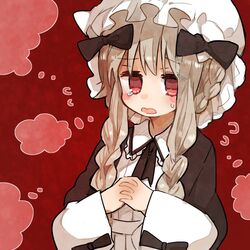  blonde_hair braid commentary_request female hat interlocked_fingers long_hair mahou_shoujo_ikusei_keikaku mahou_shoujo_ikusei_keikaku_restart maid mob_cap nokko-chan red_eyes solo tears twin_braids umesasami 