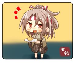  :d announcement_celebration artist_name brown_eyes chibi commentary_request female food grey_shorts hachimaki headband high_ponytail highres holding holding_plate japanese_clothes kantai_collection kimono light_brown_hair long_hair long_sleeves omelet open_mouth plate shorts smile solo taisa_(kari) tamagoyaki wide_sleeves zuihou_(kancolle) zuihou_kai_ni_(kancolle) 