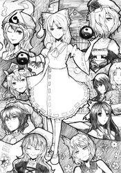  6+girls animal_ears bad_id bad_pixiv_id bow detached_sleeves greyscale hair_ornament hair_tubes hairbow hakurei_reimu hat highres hijiri_byakuren houraisan_kaguya long_hair looking_at_viewer looking_back monochrome multiple_girls pasu reiuji_utsuho remilia_scarlet saigyouji_yuyuko sarashi shiki_eiki short_hair skirt smile thighhighs touhou toyosatomimi_no_miko yagokoro_eirin yasaka_kanako yin_yang 