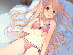  akinashi_yuu bed bed_sheet blonde_hair blush bra breasts female game_cg green_eyes highres koi_to_senkyo_to_chocolate legs long_hair looking_at_viewer lying navel panties pillow solo sumiyoshi_chisato sweatdrop thighs twintails underwear 