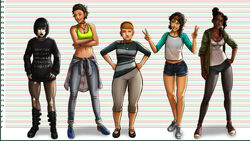  5girls athletic bangs bare_calves bare_midriff black_hair black_lipstick boots brittany_lovejoy brown_hair busty calves capri_pants character_sheet chubby cleavage curvaceous curvy dark-skinned_female dark_skin female female_focus female_only fit fit_female full_body goth green_eyes hourglass_figure kayla_gibson long_hair madeline_zoldak navel nicky_chen pale-skinned_female pale_skin pantyhose pose posing pumpkinsinclair roxy_(pumpkinsinclair) see-through_clothing shirt short_hair sleeves_rolled_up sneakers sports_bra sportswear standing thick_thighs toned voluptuous wide_hips 