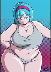  absurdres bare_shoulders blue_hair bra breasts bulma_briefs collarbone commentary dragon_ball english_commentary female hairband highres large_breasts looking_at_viewer navel panties plump rokasta1 short_hair smile solo standing stomach thick_thighs thighs underwear wide_hips 