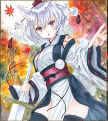  :o alternate_costume animal_ears autumn_leaves black_kimono black_ribbon black_thighhighs breasts comiket_103 cowboy_shot detached_sleeves falling_leaves female hajike_akira hat highres holding holding_sword holding_weapon inubashiri_momiji japanese_clothes kimono leaf long_sleeves looking_at_viewer medium_breasts obi open_mouth outdoors pelvic_curtain pom_pom_(clothes) red_eyes red_hat red_sash ribbon ribbon-trimmed_sleeves ribbon_trim sash short_hair solo sword tail tassel thighhighs tokin_hat touhou traditional_media weapon white_hair white_kimono white_sleeves white_tail wide_sleeves wolf_ears wolf_tail 