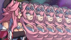  absurdres animal_ear_fluff animal_ears bare_shoulders beret black_tube_top breasts cleavage commentary english_commentary female goggles goggles_on_head hat highres hololive hololive_english jojo_no_kimyou_na_bouken long_hair oruruca86 panther_ears panther_girl parody parted_lips pink_hair raora_panthera reflection sanpaku strapless sweatdrop tube_top upper_body vento_aureo vest virtual_youtuber white_vest yellow_eyes 