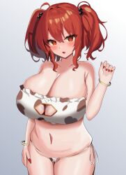  absurdres animal_print bikini blush bracelet breasts cleavage cleavage_cutout clothing_cutout commentary cow_print cow_print_bikini female fingernails gradient_background grey_background hair_bobbles hair_ornament highres huge_breasts jewelry long_fingernails looking_at_viewer navel ody_kishi onozuka_komachi print_bikini red_eyes red_hair red_nails solo swimsuit touhou two_side_up 