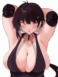  :o ahoge armpits arms_behind_head bare_shoulders black_dress black_hair blush breasts choker cleavage collarbone colored_inner_hair dress earrings elbow_pads female female_rover_(wuthering_waves) grey_hair hair_between_eyes hair_ornament hairclip highres jewelry large_breasts long_hair looking_at_viewer low_ponytail multicolored_hair rover_(wuthering_waves) rowkiba sideboob simple_background skindentation sleeveless solo triangle_earrings two-tone_hair upper_body white_background white_choker wuthering_waves yellow_eyes 