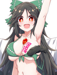  absurdres arm_above_head arm_up armpits bikini black_hair blush bow breast_tattoo breasts bright_pupils commentary_request convenient_censoring feathers female green_bikini green_bow hairbow highres hiro_(pqtks113) large_breasts long_hair looking_at_viewer milestone_celebration navel open_mouth red_eyes reiuji_utsuho simple_background smile solo swimsuit tattoo third_eye touhou upper_body very_long_hair wardrobe_malfunction waving white_background 