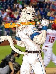  2024 anthro ass baseball_(sport) baseball_bat baseball_uniform bat_(object) belt blush bottomwear clothing felid fur hair haru41113 hi_res human leo_(saitama_seibu_lions) lion looking_at_viewer male mammal mane mascot nippon_professional_baseball one_eye_closed pantherine pants photo_background photography_(artwork) saitama_seibu_lions solo_focus sport sportswear tail tongue tongue_out topwear uniform white_body white_fur 