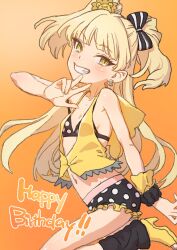  bikini bikini_under_clothes blonde_hair blush breasts female happy_birthday highres idolmaster idolmaster_cinderella_girls jougasaki_rika leg_up lion_hair_ornament long_hair looking_at_viewer loose_socks nametake navel short_shorts shorts small_breasts smile socks solo swimsuit teeth two_side_up v yellow_eyes 