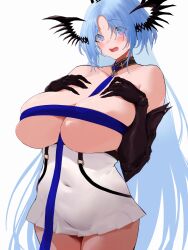  alsace_(azur_lane) azur_lane bare_shoulders between_breasts black_gauntlets black_tiara blue_eyes blue_hair blue_ribbon blush breast_ribbon breast_strap breasts collarbone covered_navel detached_collar dress female hair_ornament hands_on_own_chest highres huge_breasts long_hair looking_at_viewer no_mask open_mouth parted_bangs ribbon ribbon_between_breasts rowkiba skindentation solo strap_between_breasts sweatdrop teeth thighs tiara upper_teeth_only very_long_hair white_dress 