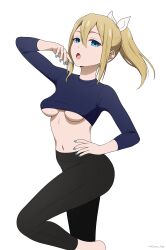  absurdres black_leggings blonde_hair blue_eyes blue_shirt breasts coro_fae cropped_shirt female hayasaka_ai highres kaguya-sama_wa_kokurasetai_~tensai-tachi_no_renai_zunousen~ leggings medium_breasts medium_hair midriff navel shirt short_ponytail solo underboob 