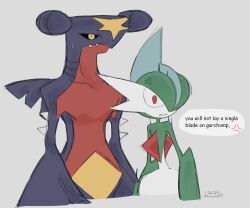  2024 angry anthro biped black_sclera blue_body blue_scales bodily_fluids clenched_teeth colored cross-popping_vein deinovolt dialogue digital_drawing_(artwork) digital_media_(artwork) duo english_text fangs fin gallade garchomp generation_4_pokemon grey_background hi_res male multicolored_body multicolored_scales nervous nervous_sweat nintendo pokemon pokemon_(species) protecting red_body red_eyes red_scales red_spikes scales side_by_side signature simple_background speech_bubble spikes spikes_(anatomy) standing sweat sweatdrop teeth text white_spikes wide_eyed yellow_body yellow_eyes yellow_scales 