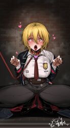  black_pants blonde_hair blush breasts brick_wall claw_pose coat collar collared_shirt commentary_request don_quixote_(project_moon) drooling female heart heart-shaped_pupils highres jacket korean_commentary large_breasts leash light_particles limbus_company long_sleeves necktie open_mouth pants project_moon red_necktie rhlatm saliva shirt short_hair solo squatting symbol-shaped_pupils teeth tongue tongue_out upper_teeth_only viewer_holding_leash white_shirt yellow_eyes 