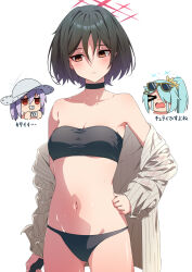  3girls atsuko&#039;s_grin_(meme) atsuko_(blue_archive) atsuko_(swimsuit)_(blue_archive) bikini bikini_under_clothes black_bikini blue_archive commentary halo highres hiyori_(blue_archive) hiyori_(swimsuit)_(blue_archive) jacket meme misaki_(blue_archive) misaki_(swimsuit)_(blue_archive) multiple_girls neko_no_sora pinstripe_pattern pinstripe_shirt red_halo see-through see-through_jacket shirt star_halo striped_clothes striped_shirt swimsuit translation_request vertical-striped_clothes vertical-striped_shirt 