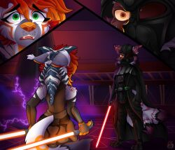  2_tails absurd_res ahsoka_tano anthro blaze_studioz blazesturning canid canine canis darth_vader detailed_background duo female fox fur green_eyes grey_body grey_fur hi_res kitsune_drifty_(character) lightsaber male male/female mammal markings melee_weapon multi_tail orange_body orange_eyes orange_fur purple_body purple_fur star_wars star_wars_rebels tail weapon white_body wolf 