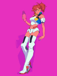  blue_eyes blue_nails blue_vest blush boots bottle cosplay cropped_shirt cropped_vest dark-skinned_female dark_skin female gundam gundam_aerial gundam_aerial_(cosplay) gundam_suisei_no_majo hair_behind_ear high_heel_boots high_heels highres holding holding_bottle ivy_hermit knee_boots midriff navel panties ponytail purple_background red_hair red_panties shirt solo suletta_mercury thick_eyebrows thighhighs underwear vest white_footwear white_shirt white_thighhighs zipper 