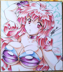  arm_up breasts character_request choker comiket_103 fairy_wings female large_breasts long_hair mizushiro_takuya open_mouth pink_eyes purple_choker purple_wristband red_hair signature solo traditional_media wings 