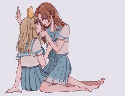  2girls barefoot between_legs blonde_hair blue_eyes blue_neckerchief blue_skirt brown_hair grabbing_another&#039;s_chin hair_ribbon hand_on_another&#039;s_chin hand_on_floor hand_on_wall hibike!_euphonium imminent_kiss kitauji_high_school_uniform kneeling long_hair multiple_girls nakagawa_natsuki neckerchief neckerchief_grab oerba_yun_fang on_floor purple_eyes ribbon sailor_collar school_uniform skirt summer_uniform tan_tttn yoshikawa_yuuko yuri 