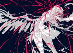  akemi_homura akuma_homura argyle_clothes argyle_thighhighs black_background blood blood_spray braid collared_shirt cowboy_shot eyepatch feathered_wings female greyscale hairband hetangsuanhuituoshui juliet_sleeves long_hair long_sleeves low_twin_braids lying mahou_shoujo_madoka_magica mahou_shoujo_madoka_magica:_hangyaku_no_monogatari miniskirt mitakihara_school_uniform monochrome on_side parted_lips pleated_skirt puffy_sleeves red_hairband red_pupils school_uniform shirt skirt solo soul_gem spot_color spread_wings thighhighs twin_braids very_long_hair wide-eyed wings 