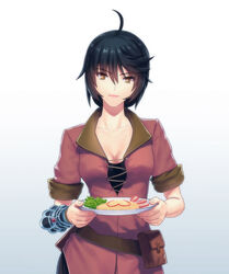  aged_down ahoge artist_request bad_deviantart_id bad_id black_hair breasts cleavage female food long_hair looking_at_viewer medium_breasts official_alternate_costume omelet omurice photoshop_(medium) plate pouch smile solo tales_of_(series) tales_of_berseria velvet_crowe velvet_crowe_(villager_clothes) yellow_eyes 