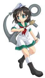  anchor bad_id bad_twitter_id black_hair boots female full_body green_eyes hat hishaku ladle marisa_to_alice_no_cookie_storia murasa_minamitsu sailor sailor_collar sailor_hat school_uniform serafuku short_hair skirt smile solo touhou transparent_background winn 