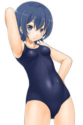  :&lt; arm_behind_head armpits bad_id bad_pixiv_id bare_shoulders blue_eyes blue_hair breasts collarbone commentary_request covered_navel cowboy_shot female hand_on_own_hip looking_at_viewer minami-ke minami_touma mo-fu one-piece_swimsuit short_hair simple_background small_breasts solo standing swimsuit white_background 