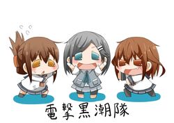  3girls :d b-man black_socks black_thighhighs blue_eyes brown_eyes brown_hair chibi commentary_request flying_sweatdrops folded_ponytail grey_hair hair_ornament hairclip ikazuchi_(kancolle) inazuma_(kancolle) kantai_collection kuroshio_(kancolle) multiple_girls oerba_yun_fang open_mouth pleated_skirt puchimasu! school_uniform serafuku short_hair simple_background skirt smile socks sweat sweatdrop thighhighs translation_request white_background 