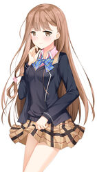  black_jacket black_sweater blazer blue_bow blush bow bowtie brown_eyes brown_hair brown_skirt commentary_request cowboy_shot female flower fujinomiya_neko hair_flower hair_ornament jacket loading_(verjuice) long_hair looking_at_viewer masamune-kun_no_revenge miniskirt mole mole_under_eye open_clothes open_jacket pink_flower pleated_skirt school_uniform simple_background skirt skirt_hold smile solo standing striped striped_bow sweater very_long_hair white_background 