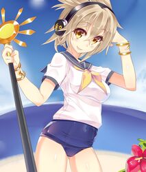  alternate_costume ashu blonde_hair bracelet commentary_request earmuffs female flower grin headphones headphones_around_neck jewelry neckerchief no_pants old_school_swimsuit school_swimsuit school_uniform serafuku sharp_teeth shirt short_sleeves smile solo swimsuit swimsuit_under_clothes sword teeth touhou toyosatomimi_no_miko weapon yellow_eyes 