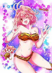  ;) alternate_hair_color animal_print antenna_hair arcueid_brunestud bad_id bad_pixiv_id bandeau bikini breasts cleavage cosplay double_v fangs feline female horns leg_warmers lum lum_(cosplay) maribsr medium_breasts neco-arc one_eye_closed pink_hair pointy_ears red_eyes short_hair smile solo_focus strapless strapless_bikini swimsuit ten_(urusei_yatsura) ten_(urusei_yatsura)_(cosplay) tiger_print tsukihime urusei_yatsura v 