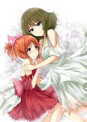  2girls abe_nana bare_shoulders blue_eyes blush bow brown_eyes brown_hair commentary_request dress green_eyes hairbow heterochromia highres idolmaster idolmaster_cinderella_girls jewelry mole mole_under_eye multiple_girls necklace orange_hair ponytail red_dress short_hair smile takagaki_kaede white_dress yotuba_mokoh_(benzenex) yuri 