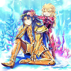  1boy aged_down armor blonde_hair blue_eyes blue_hair cape clam_shell closed_eyes commentary_request female full_armor gemini_kanon gold_saint lolicon long_hair mermaid_thetis photoshop_(medium) saint_seiya shichimiso smile starfish starfish_hair_ornament very_long_hair 